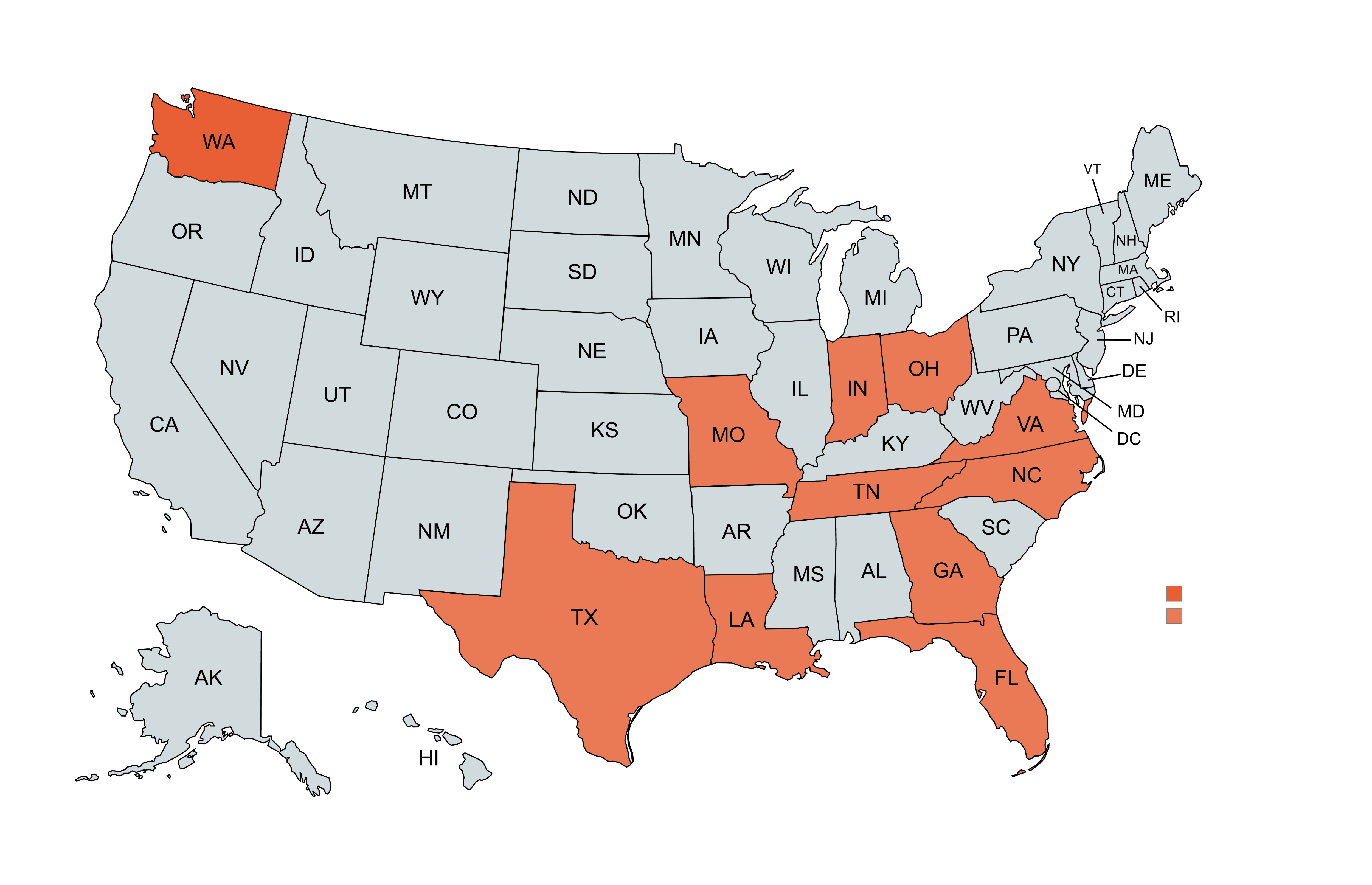 United States map highlighting Florida, Georgia, Indiana, Louisiana, Missouri, North Carolina, Ohio, Tennessee, Texas, Virginia, and Washington